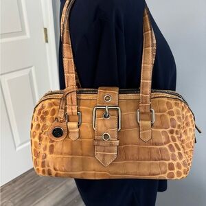 Dooney & Bourke Croc Embossed Leather Barrel Satchel – Honey Tan